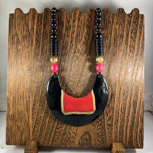 Black & Red Tribal-Inspired Statement Necklace With Beaded Accents & Hook Closur